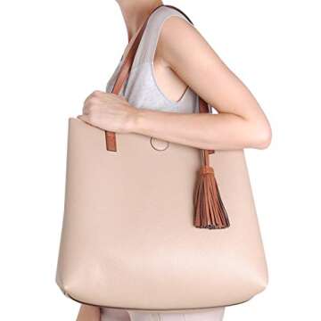 Humble Chic Vegan Leather Tote Bag - Lightweight Reversible Shoulder Handbag Tassel Large Purse (Saddle Brown)
