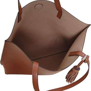 Humble Chic Vegan Leather Tote Bag - Lightweight Reversible Shoulder Handbag Tassel Large Purse (Saddle Brown)