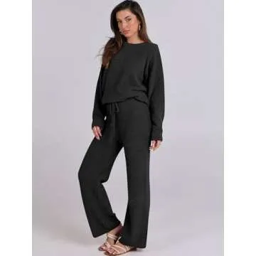ANRABESS Women's Fuzzy Fleece Pajama Sets 2 Piece Outfits Long Sleeve Top Wide Leg Pants Lounge Matc...