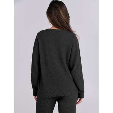 ANRABESS Women's Fuzzy Fleece Pajama Sets 2 Piece Outfits Long Sleeve Top Wide Leg Pants Lounge Matching Set 2024 Fall Winter Black Small