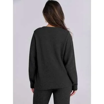 ANRABESS Women's Fuzzy Fleece Pajama Sets 2 Piece Outfits Long Sleeve Top Wide Leg Pants Lounge Matching Set 2024 Fall Winter Black Small