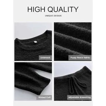 ANRABESS Women's Fuzzy Fleece Pajama Sets 2 Piece Outfits Long Sleeve Top Wide Leg Pants Lounge Matching Set 2024 Fall Winter Black Small