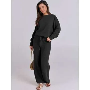 ANRABESS Women's Fuzzy Fleece Pajama Sets 2 Piece Outfits Long Sleeve Top Wide Leg Pants Lounge Matching Set 2024 Fall Winter Black Small