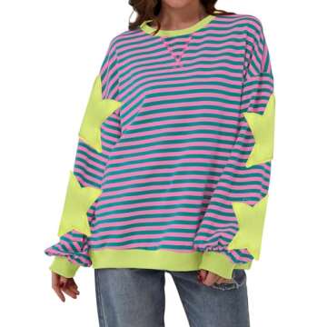 TERIVEEK Women Oversized Striped Color Block Star Long Sleeve Crew Neck Sweatshirt Casual Loose Pull...
