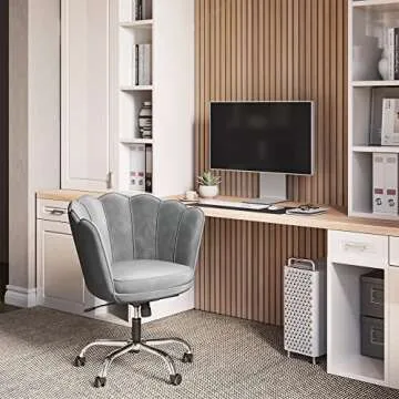 BELLEZE Upholstered Velvet Seashell Accent Chair, Rolling Swivel Office Vanity Unique Cute Decorative, Armless Stylish Comfy, Adjustable Height - Kaylee (Gray)