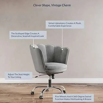 BELLEZE Upholstered Velvet Seashell Accent Chair, Rolling Swivel Office Vanity Unique Cute Decorative, Armless Stylish Comfy, Adjustable Height - Kaylee (Gray)