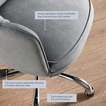 BELLEZE Upholstered Velvet Seashell Accent Chair, Rolling Swivel Office Vanity Unique Cute Decorative, Armless Stylish Comfy, Adjustable Height - Kaylee (Gray)