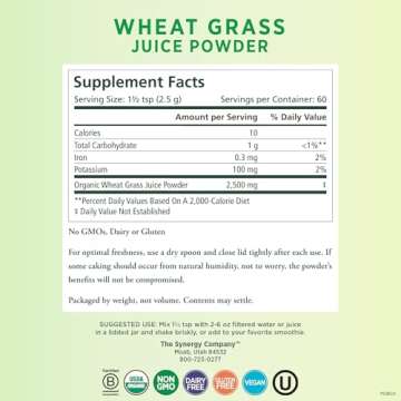 PURE SYNERGY Organic Wheat Grass Juice Powder | Chlorophyll-Rich Green Juice Powder | Raw Organic US...