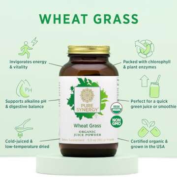 PURE SYNERGY Organic Wheat Grass Juice Powder | Chlorophyll-Rich Green Juice Powder | Raw Organic USA Wheat Grass Juice | for Energy, Alkaline Balance, and Digestion Support (5.3 oz. Powder)