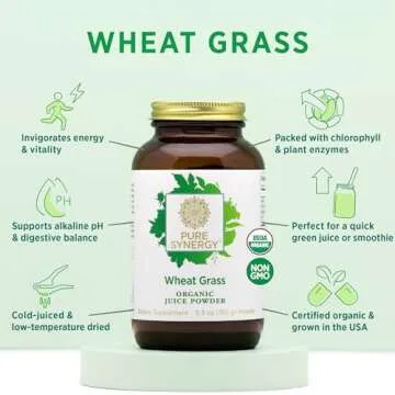 PURE SYNERGY Organic Wheat Grass Juice Powder | Chlorophyll-Rich Green Juice Powder | Raw Organic USA Wheat Grass Juice | for Energy, Alkaline Balance, and Digestion Support (5.3 oz. Powder)