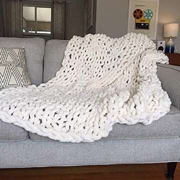 EASTSURE Chunky Knit Luxury Throw Blanket Soft Polyester Chenille Bulky Blankets for Cuddling up in Bed, on The Couch or Sofa - Large Cable Blanket (White) 50"x60"