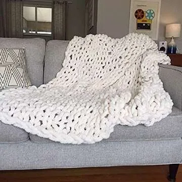 EASTSURE Chunky Knit Luxury Throw Blanket Soft Polyester Chenille Bulky Blankets for Cuddling up in Bed, on The Couch or Sofa - Large Cable Blanket (White) 50"x60"