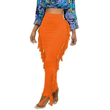 Lrady Women Fringe High Waist Bodycon Pencil Skirt - Orange