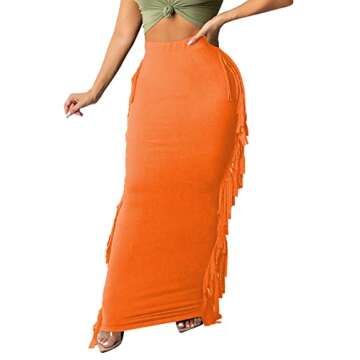 Lrady Women Fringe High Waist Bodycon Pencil Skirt - Orange