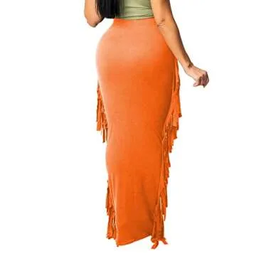 Lrady Women Fringe High Waist Bodycon Pencil Skirt - Orange