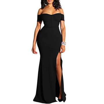YMDUCH Women's Off Shoulder High Split Long Formal Party Dress Evening Gown Black