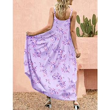 YESNO Summer Dresses for Women Casual Loose Bohemian Floral Dress with Pockets Spaghetti Strap Maxi Dress for Beach Vacation XL E75 CR305