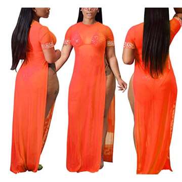 Women's Sexy Long Maxi Dresses Summer Casual See Through Round Neck Short Sleeve Sheer Mesh Beach Cover Ups Stretchy Plus Size Swimsuit Split with Fake Diamond Orange