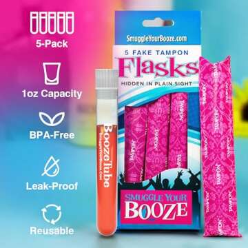 5 Fake Hidden Tampon Flask Set by Smuggle Your Booze | Reusable Secret Plastic Tube Containers for Women | Leak-Proof Portable Holder for Concerts, Festivals, Cruises, Outdoor Events | BPA-Free Design