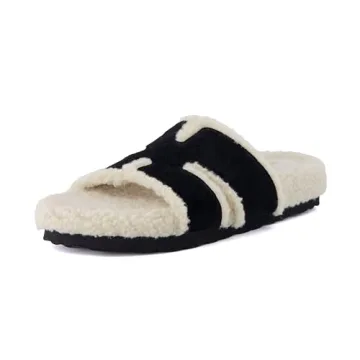 CUSHIONAIRE Cuddle Fur Slippers for Women Faux Shearling Slide Sandal +Memory Foam, cute gifts for w...