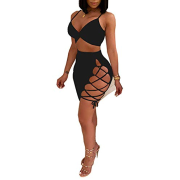 Women's Sexy Sleeveless Bodycon Club Mini Dress 2024 Summer Spaghetti Strap Cut Out Two Piece Skirt ...
