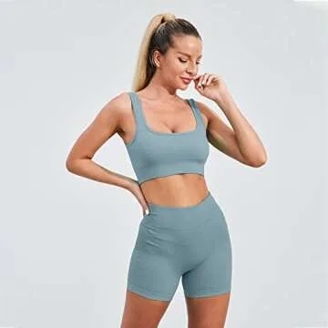 Yodygaga Two Piece Outfits for Women Workout Short Sets Matching Home Gym Clothes High Waisted Seamless Ribbed Crop Tops Blue Medium