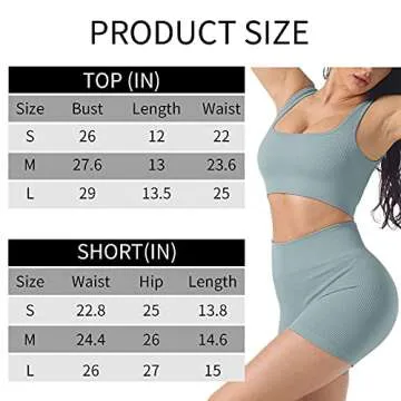 Yodygaga Two Piece Outfits for Women Workout Short Sets Matching Home Gym Clothes High Waisted Seamless Ribbed Crop Tops Blue Medium