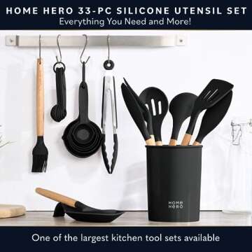 Home Hero 33 Pcs Kitchen Cooking Utensils Set, Non-Stick Silicone Cooking Kitchen Utensils Spatula Set with Holder, Wooden Handle Silicone Kitchen Gadgets Utensil Set (33 Pcs - Black)