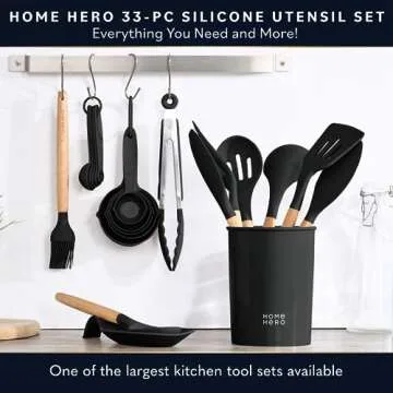 Home Hero 33 Pcs Kitchen Cooking Utensils Set, Non-Stick Silicone Cooking Kitchen Utensils Spatula Set with Holder, Wooden Handle Silicone Kitchen Gadgets Utensil Set (33 Pcs - Black)