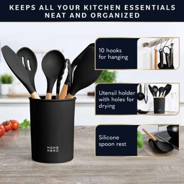 Home Hero 33 Pcs Kitchen Cooking Utensils Set, Non-Stick Silicone Cooking Kitchen Utensils Spatula Set with Holder, Wooden Handle Silicone Kitchen Gadgets Utensil Set (33 Pcs - Black)