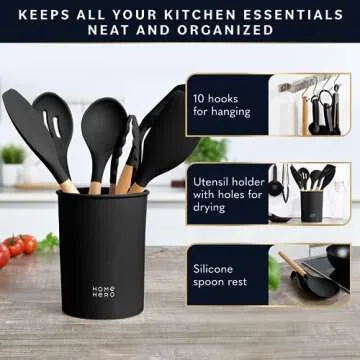 Home Hero 33 Pcs Kitchen Cooking Utensils Set, Non-Stick Silicone Cooking Kitchen Utensils Spatula Set with Holder, Wooden Handle Silicone Kitchen Gadgets Utensil Set (33 Pcs - Black)