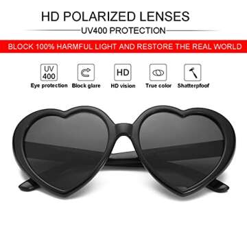 JOVAKIT Polarized Heart Shaped Sunglasses for Women Vintage Fashion Lovely Retro Oversized Eyeglasses Style UV400 Protection Lens (Black/Grey)