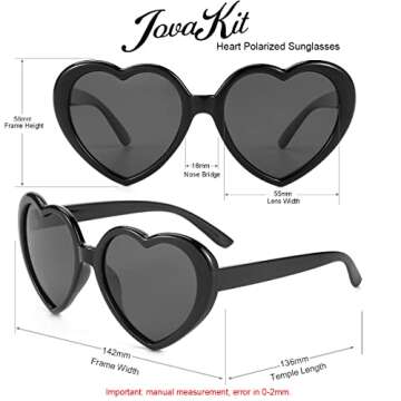 JOVAKIT Polarized Heart Shaped Sunglasses for Women Vintage Fashion Lovely Retro Oversized Eyeglasses Style UV400 Protection Lens (Black/Grey)