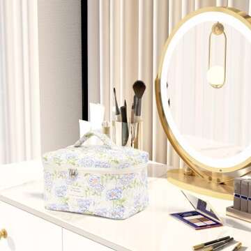 REDSINDA Cute Quilted Makeup Bag Cotton Aesthetic Flower Cosmetic Bag Floral Toiletry Bag for Women (Flower Light Blue)