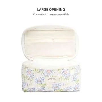 REDSINDA Cute Quilted Makeup Bag Cotton Aesthetic Flower Cosmetic Bag Floral Toiletry Bag for Women (Flower Light Blue)