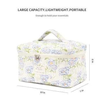 REDSINDA Cute Quilted Makeup Bag Cotton Aesthetic Flower Cosmetic Bag Floral Toiletry Bag for Women (Flower Light Blue)