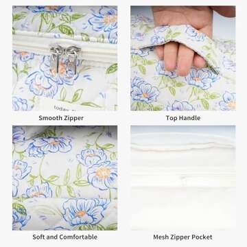 REDSINDA Cute Quilted Makeup Bag Cotton Aesthetic Flower Cosmetic Bag Floral Toiletry Bag for Women (Flower Light Blue)