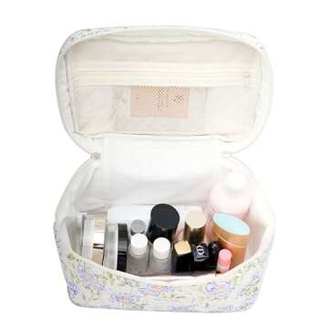 REDSINDA Cute Quilted Makeup Bag Cotton Aesthetic Flower Cosmetic Bag Floral Toiletry Bag for Women (Flower Light Blue)