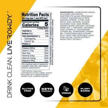 Rowdy Energy Drink, Peach Mango, Sugar Free - Natural Caffeine, Electrolytes | Hydration, Workout Performance, Focus, Recovery | B Vitamins and Keto-Friendly, 16 Fl Oz (12 Pack)