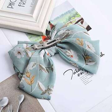 Chiffon Bow Barrettes Hair Clips - AWAYTR 2 Packs Flower Elastic Hair Bow for Women Wedding Party (light blue+pink)