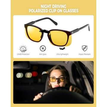 FIMOSON Clip On Polarized Night Driving Glasses, Anti Glare Night Vision Glasses to Wear Over Prescription Glasses, Driving Glasses with UV 400 Blocker for Men Women (2 pack)