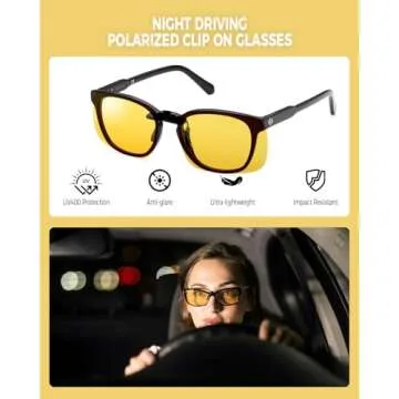 FIMOSON Clip On Polarized Night Driving Glasses, Anti Glare Night Vision Glasses to Wear Over Prescription Glasses, Driving Glasses with UV 400 Blocker for Men Women (2 pack)