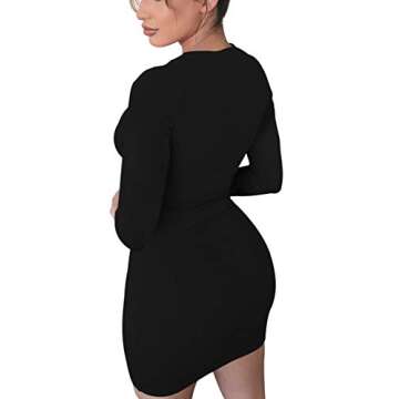 GOBLES Women's Winter Sexy Crew Neck Long Sleeve Front Zipper Bodycon Club Dress Black