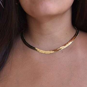 Turandoss Gold Snake chain Choker for Women - 14K Gold Plated Flat snake chain Herringbone Gold Choker Necklaces for Women