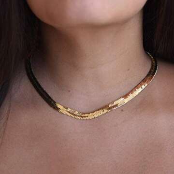 Turandoss Gold Snake chain Choker for Women - 14K Gold Plated Flat snake chain Herringbone Gold Choker Necklaces for Women