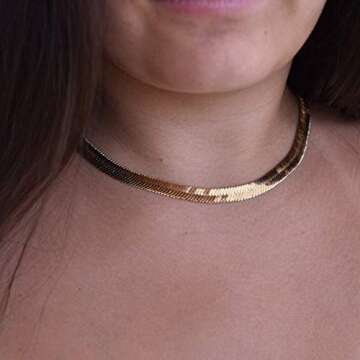 Turandoss Gold Snake chain Choker for Women - 14K Gold Plated Flat snake chain Herringbone Gold Choker Necklaces for Women