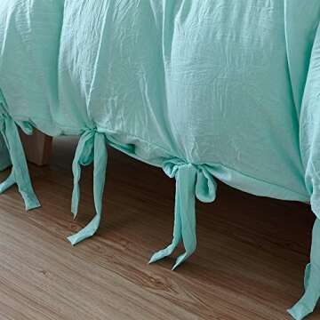 Mukka 3 Pieces Washed Cotton Technical Wrinkle Looking Modern Bowknot Style Bow Tie Strap Design Light Baby Blue Duvet Cover Bedding Set King Silky Soft Easy Care Bed Linen