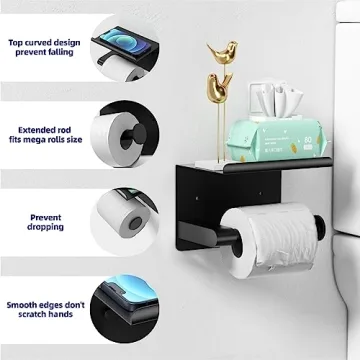Matte Black Toilet Paper Holder with Shelf for Mega Rolls