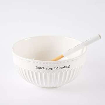 Mud Pie Dolomite, wood Don't Stop Be-Leafing Salad Bowl Set, 32 oz, White, brown