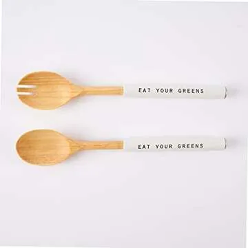 Mud Pie Dolomite, wood Don't Stop Be-Leafing Salad Bowl Set, 32 oz, White, brown